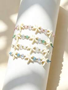 12pcs/Set New Fresh Ocean Style Starfish Beaded Adjustable Bracelet Set - Boho Pink And Blue Layered Bracelets With Transparent Crystal Beads, Matte Jade Beads And Resin Starfish Pendants, Drawstring Adjustable For Summer Beach Vacation, Music Festival, Pool Party, Casual Wear, Nickel-Free Gift - Multicolor - View 13