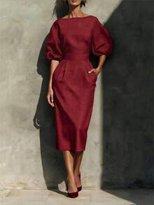 Elegant Casual Red Round Neck Half Sleeve Midi Dress With Side Pockets Bodycon Back Slit For Party, Business Dinners, Weddings, Office Daily Wear - Burgundy - View 4