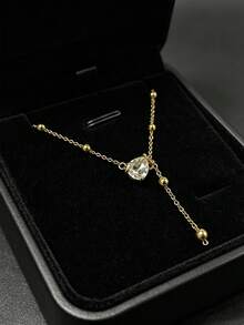 1件女士铜锆石水滴流苏项链，优雅百搭锁骨链 - 金色 - 查看 2