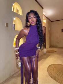 Stretchy Knit Purple Glitter Halter Neck Fringe Mini Dress, 2026 April Hot  Glam Party Club Dress, Spring Summer New Arrival Night Out Outfit - 暗紫羅蘭 - 查看 2