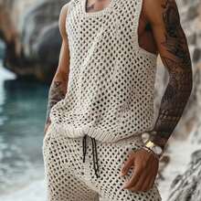 Men's 2pcs Bohemian Crochet Knit Outfit - Sleeveless Tank Top & Drawstring Shorts Set, Hollow-Out Breathable Lightweight Swimwear Suitable For Beach, Vacation, Gym, Outdoor, Casual Wear, Solid Color Crochet Swim Suits - 米色短袖襯衫和短褲 - 查看 1