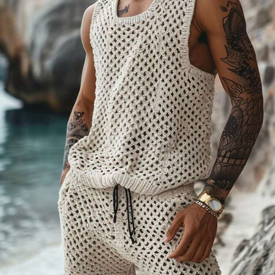 Men's 2pcs Bohemian Crochet Knit Outfit - Sleeveless Tank Top & Drawstring Shorts Set, Hollow-Out Breathable Lightweight Swimwear Suitable For Beach, Vacation, Gym, Outdoor, Casual Wear, Solid Color Crochet Swim Suits - 米色短袖襯衫和短褲 - 查看 1