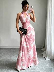 HOMEYEE 女款時尚印花無袖貼身洋裝，優雅抓皺鏤空掛脖針織彈性A字長裙，派對粉色婚禮秋季款 - 粉色 - 查看 7