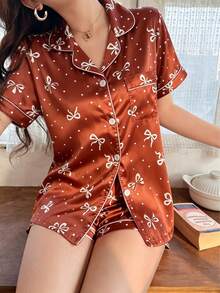 2pcs Women Satin Pajama Set, Bow Print Short Sleeve Collared Top With Pocket And Shorts, Suitable For Women Sleepwear & Loungewear All Seasons - Red - View 5