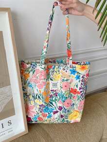 Large Capacity Floral Canvas Tote Bag, Rose Pattern Beach Bag Shopping Shoulder Bag, Summer - Multicolor - View 4