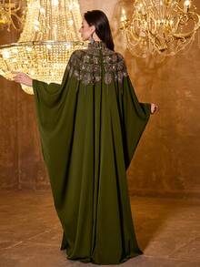 UNITHORSE 女款中式立領長袖刺繡緞面長版正式晚禮服 春秋款 - 橄欖綠 - 查看 2