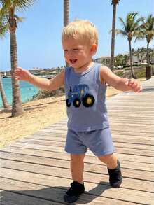 2Pcs Summer Outfits Sleeve Tractor Embroidery Tops + Shorts Set Toddler Clothes - Azul - Ver 1
