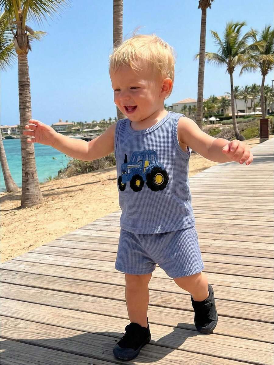 2Pcs Summer Outfits Sleeve Tractor Embroidery Tops + Shorts Set Toddler Clothes - Azul - Ver 1