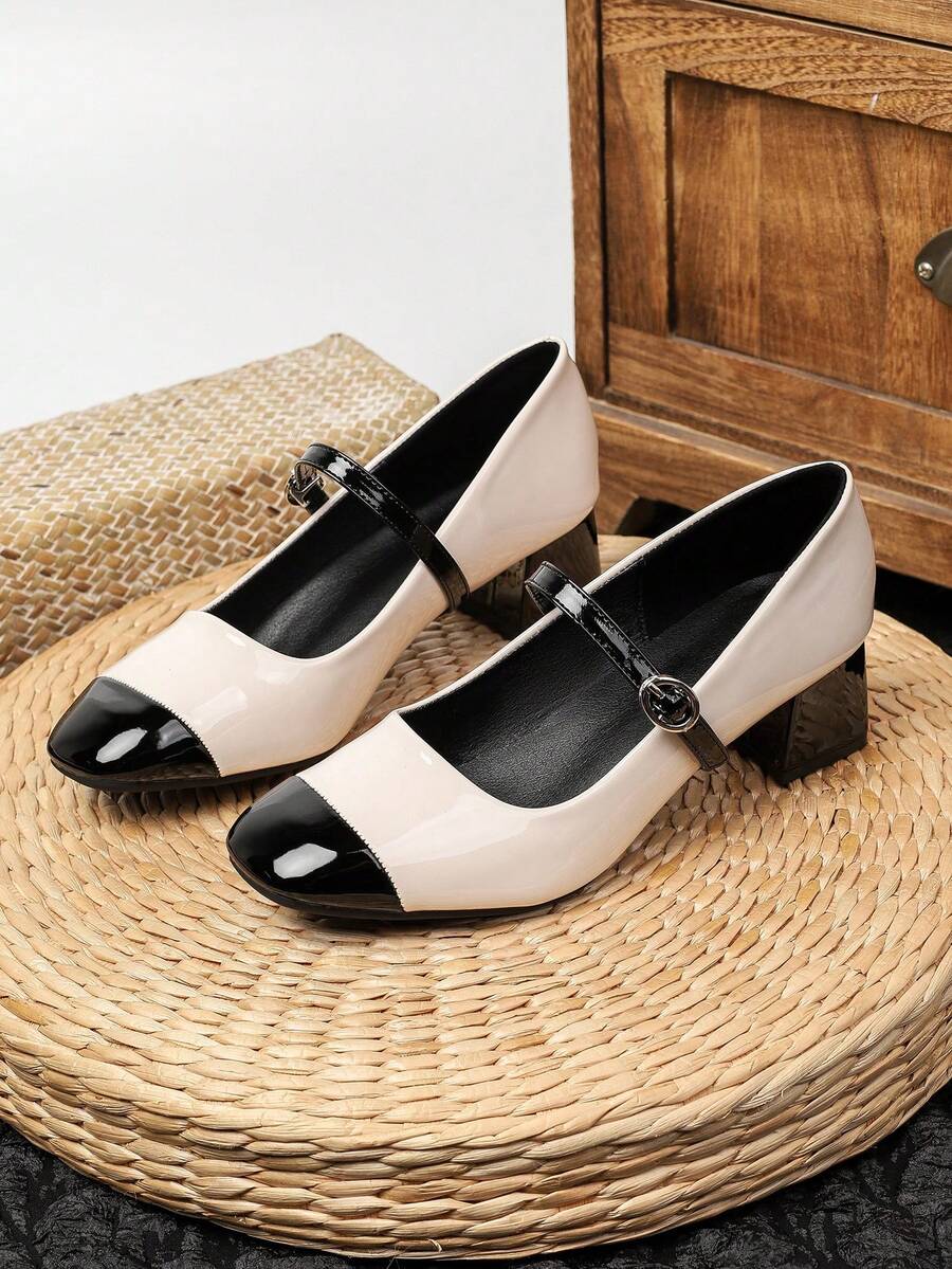 4.5cm Retro Women's Mid-High Heels, Single Buckle Patent Leather Square Toe Mary Jane Shoes, Non-Slip Durable Comfortable Commuting Shoes - White - View 1