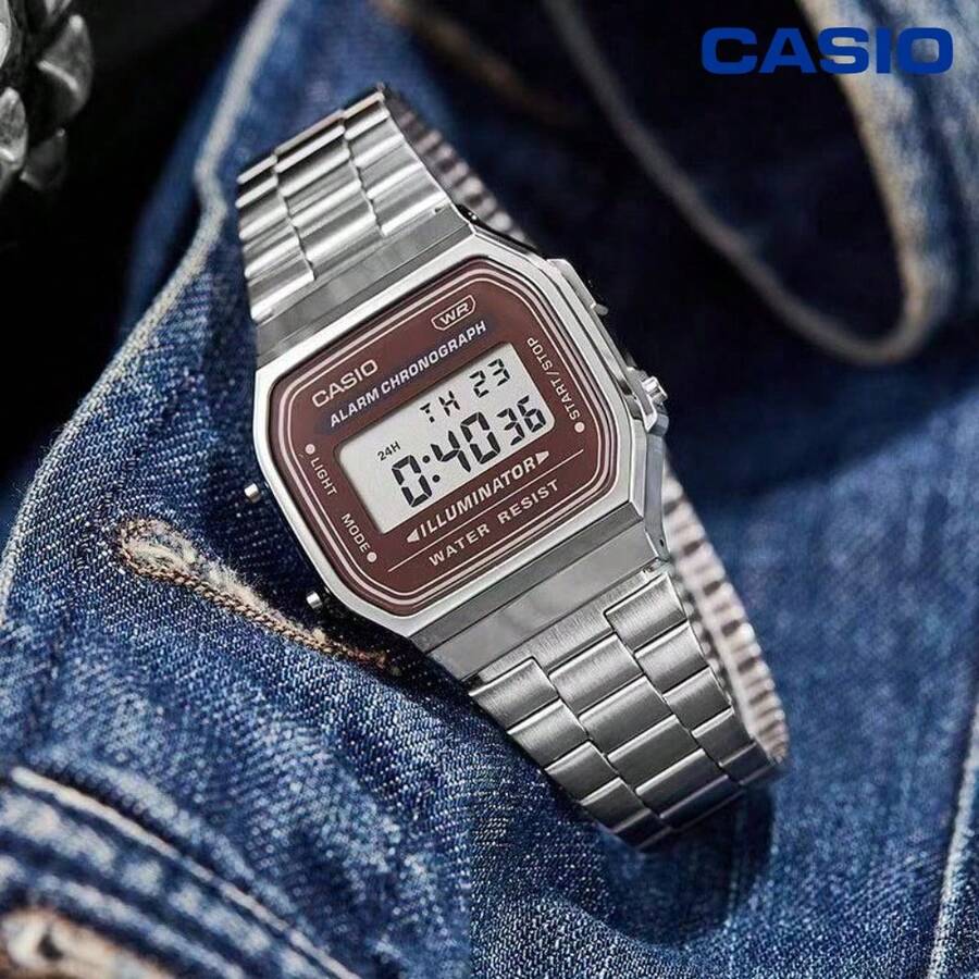 Casio 卡西欧 A168WA-5A 全金属银色经典数字手表，男女通用复古不锈钢腕表 - 均碼 - 查看 1