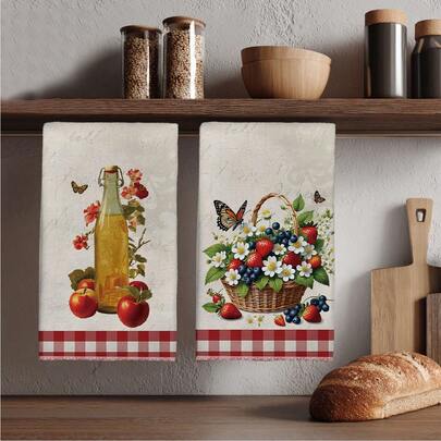 2pcs Vintage Red Plaid Basket, Strawberry, Butterfly, Apple Pattern Printed 40*60cm Rectangular Super Soft Fiber Kitchen Towels, Dish Cloths, Hand Towels, Kitchen Decor, Housewarming Gifts, Suitable For Kitchen And Bathroom, Great For Housewives And Family Gatherings, High Cost-Effective, Household Essential