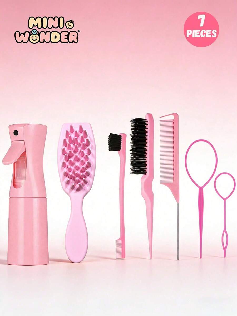 7-teiliges Massage Kamm Set, inklusive 200ml Sprühflasche, Flechtring, Highlighting Kamm, Ratte Schwanz Kamm, Langer Ratte Schwanz Kamm, Teilungskamm, Kamm, Lockenbürste, Schwarze Haarbürste, geeignet für 3A bis 4C wellige Textur trockenes/nasses langes Haar und grobe lockige Haare, Peeling für schöne glänzende Locken - Verschiedenfarbig - Übersicht 1