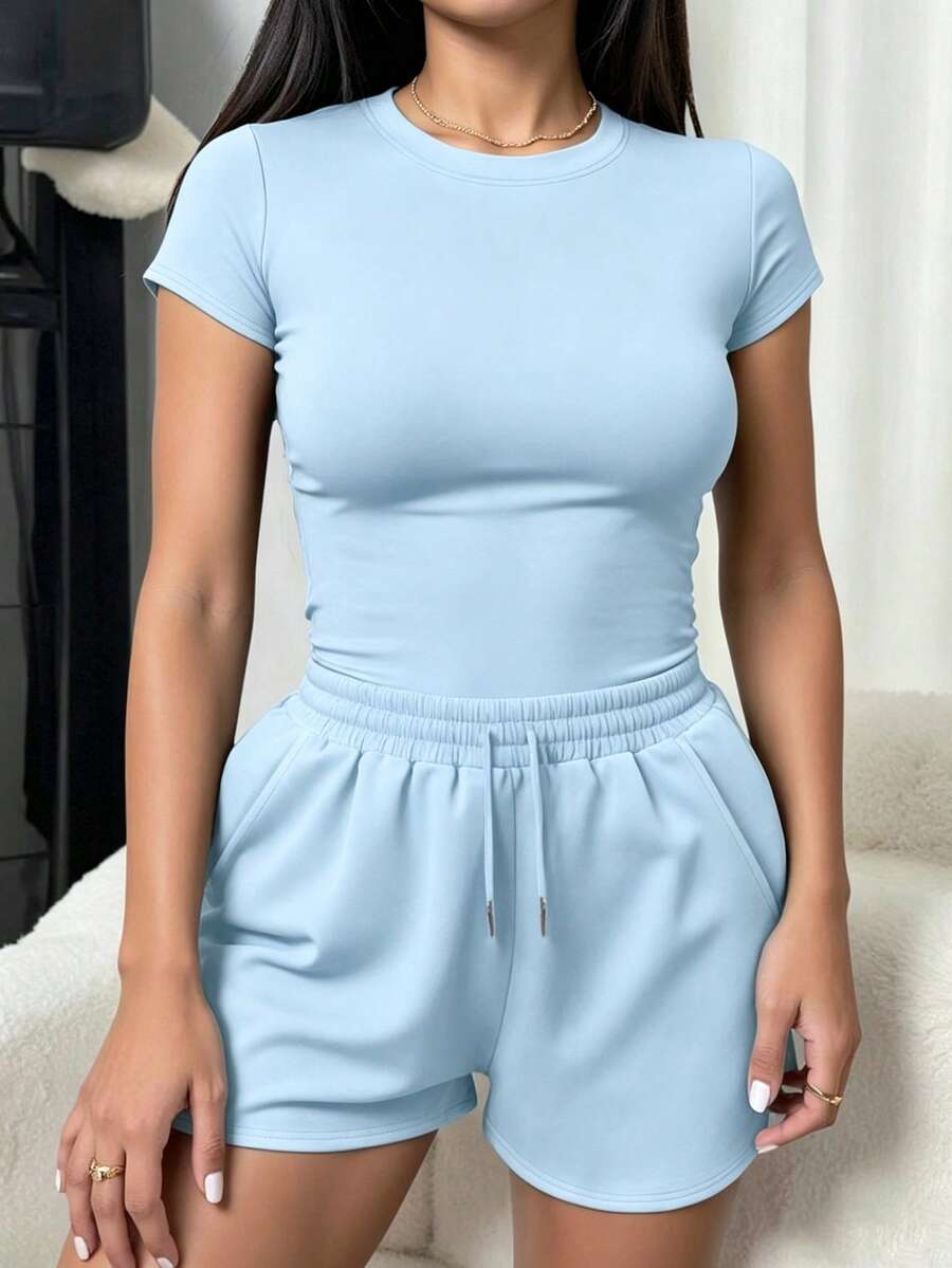 Conjunto de 2 piezas para mujer talla grande de verano, unicolor, shorts deportivos & camiseta, top de cuello redondo, estilo atlético, ropa de estar en casa, ropa de verano elegante - Celeste - Ver 1