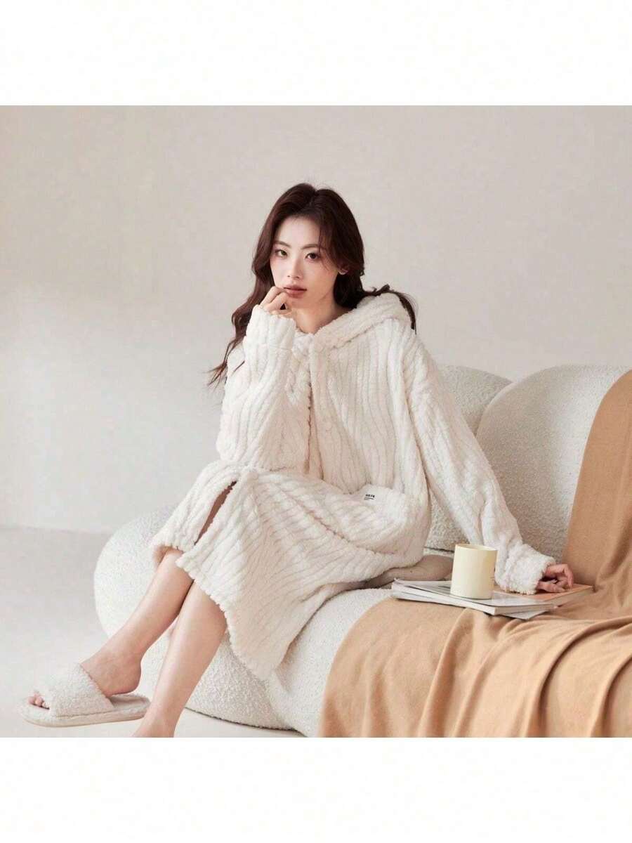 1 chiếc áo choàng tắm dài kiểu kimono dành cho nữ, thấm hút tốt, nhanh khô, dày dặn, có mũ trùm đầu, mềm mại, thích hợp mặc ở nhà vào mùa thu/đông. - Nhiều màu - Xem 1