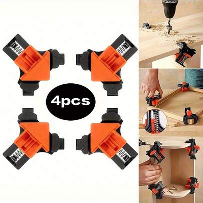 4 Pieces Of 90° Right-Angle Woodworking Clamps - Durable Plastic Black And Red Clamps With Adjustable Metal Screws, Manual Non-Electric Tools, For Home Renovation Projects, DIY Furniture Assembly And Woodworking Tools, Frame Construction Assistance, Functional Clamp Design, Sturdy Structure, Reliable Fasteners, Suitable For Craft Enthusiasts