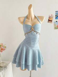 2026 Textured Knit Mini Dress With V-Neck Ruffles, Starfish And Shell Decoration, Metal Buckle, Suitable For Christmas, Date, Club, Bohemian Style, Holiday, Autumn, Vintage, Party For Women - Red - View 3