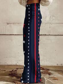 American Flag Star Print Wide Leg Pants Women High Waist Flared Trousers Patriotic Fashion Casual Pants - 混色 - 查看 3