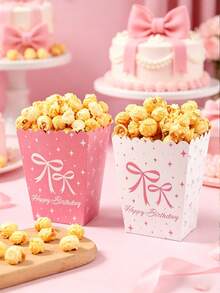 10个粉色蝴蝶结爆米花盒，一次性食品容器，粉色蝴蝶结设计，适用于零食、薯条、糖果、生日礼物、生日派对用品、公主派对、女孩生日派对装饰 - 粉紅蝴蝶 - 查看 6