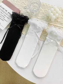 1/3 Pairs Cute Versatile Hollow Lace Ruffle Bow Mid-Calf Socks - Multicolor - View 2