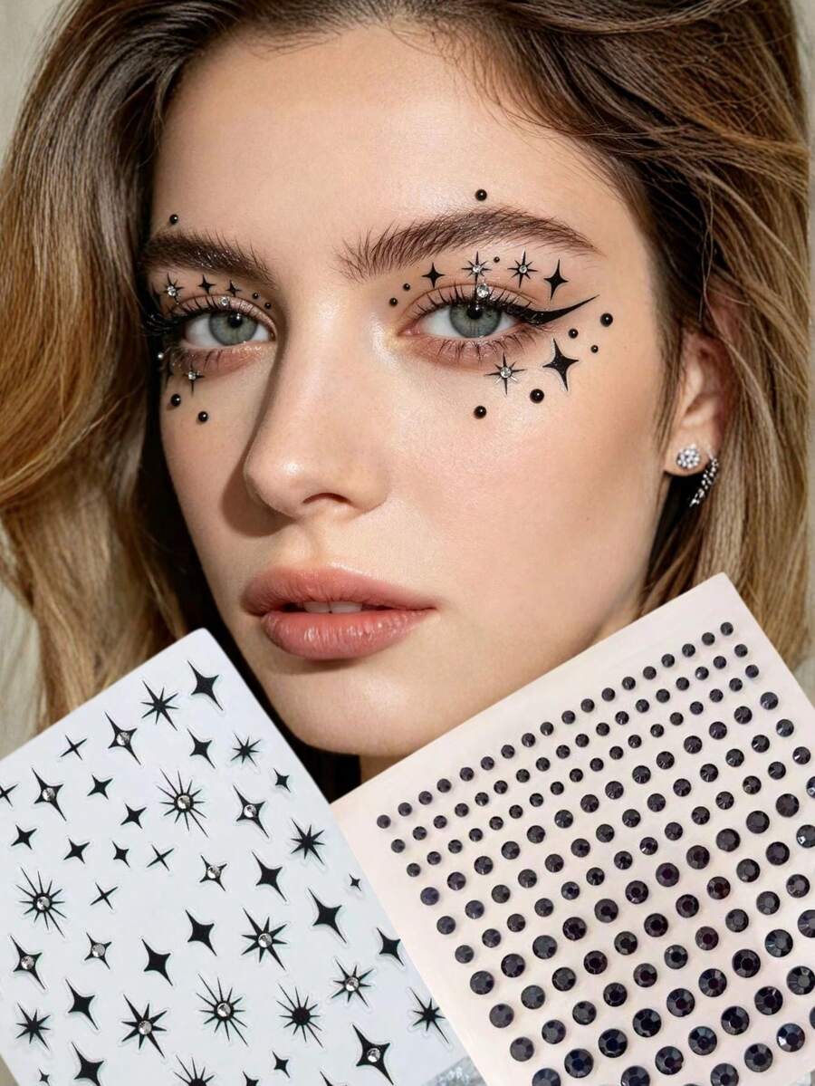 1 Stück europäischer und amerikanischer kreativer coller schwarzer Stern Gesichts-Strass-Aufkleber, Bühnenauftritt / Musikfestival / Party Make-up Dekoration, klebefrei selbstklebend, Konzert-Look, Gesichts-Juwelen - Verschiedenfarbig - Übersicht 1