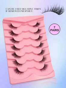 7 Pairs Cartoon Wet Look False Eyelashes, Elongated Tip False Eyelashes, Anime Cat Eye False Eyelashes, Natural Makeup Effect, Thin Faux Mink False Eyelashes, 3D Short Soft False Eyelashes, Transparent Band Eyelash Extension Makeup - Black - View 6