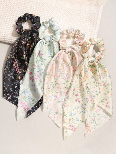 4pcs/Set Vintage Floral Chiffon Ribbon Hair Scrunchies, Triangle Scarf Hair Accessories For Women, Polyester Fiber