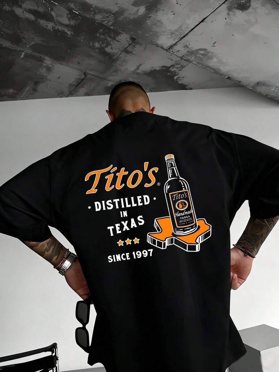 Tito's Handmade Vodka Comfort T-Shirt, A 100% Cotton T-Shirt Themed Around Tito's Handmade Vodka, Austin Texas Label Shirt, Vodka Alcohol Shirt, Tito's Fan Gift, Men's Summer Casual Pattern T-Shirt, Suitable For Daily Street Wear, Outdoor Outings And Sports, Fashionable T-Shirt - 黑色 - 查看 1