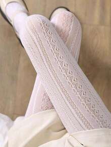 1 đôi quần tất ren trắng khoét lỗ dành cho nữ, kiểu Lolita Nhật Bản, tất dệt jacquard dọc ngọt ngào, thích hợp để mặc hàng ngày. - trắng - Xem 5