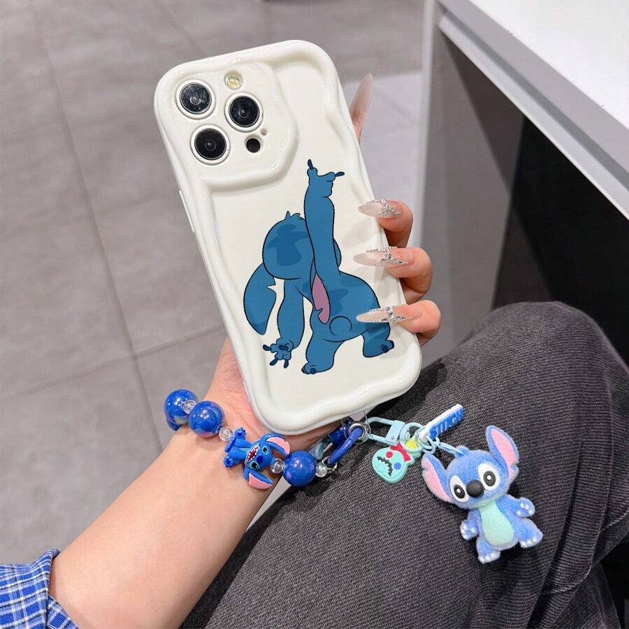 Disney Has Authorized, Phone Case - Chain Set, The Stitch Lilo & Stitch Phone Case Plus A Silicone 3D Or Fluffy Style Stitch Bracelet With Metallic Ring Removable Bracelet, Stitch And Angel Pattern, Compatible With Iphone 17/16/15/14/13/12/11/XS/XR/X Plus Pro Max, Wavy Design Phone Case For Girl, A Stylish Cartoon Summer Phone Case, The Perfect Gift Choice, Phone Protection, Durable Phone Cover, Great Gift For Friends And Family - Kiểu trắng B - Xem 1