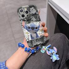 Disney Has Authorized, Phone Case - Chain Set, The Stitch Lilo & Stitch Phone Case Plus A Silicone 3D Or Fluffy Style Stitch Bracelet With Metallic Ring Removable Bracelet, Stitch And Angel Pattern, Compatible With Iphone 17/16/15/14/13/12/11/XS/XR/X Plus Pro Max, Wavy Design Phone Case For Girl, A Stylish Cartoon Summer Phone Case, The Perfect Gift Choice, Phone Protection, Durable Phone Cover, Great Gift For Friends And Family - 白色款式B - 查看 1
