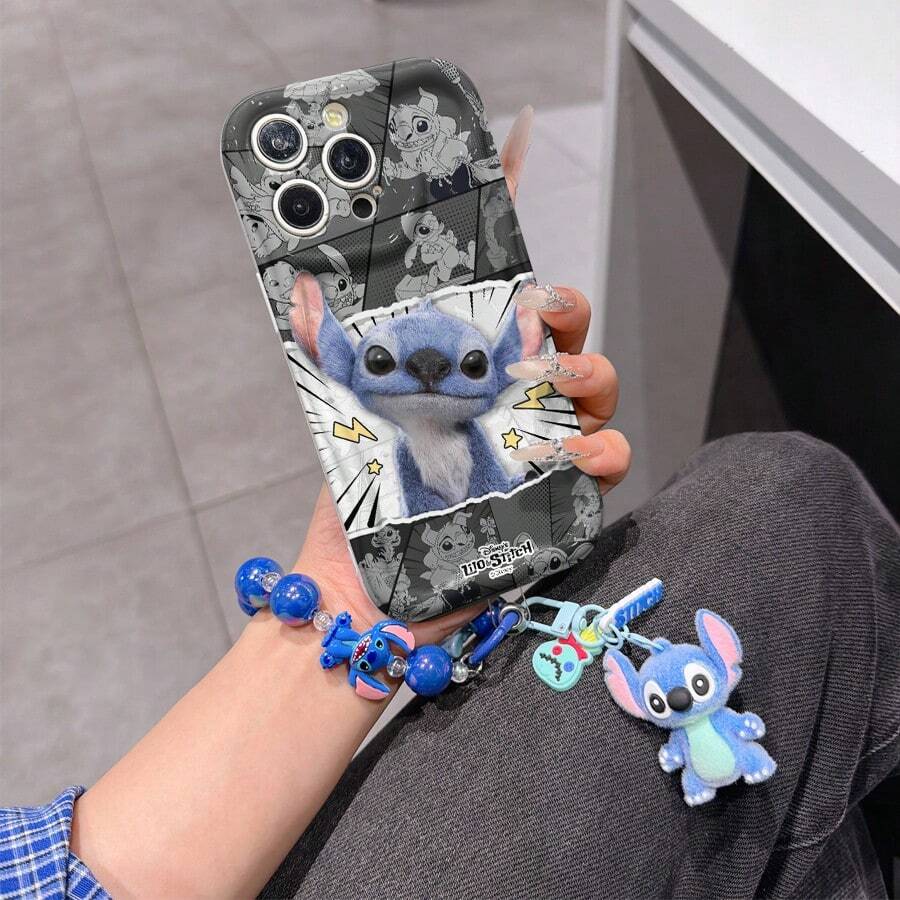 Disney Has Authorized, Phone Case - Chain Set, The Stitch Lilo & Stitch Phone Case Plus A Silicone 3D Or Fluffy Style Stitch Bracelet With Metallic Ring Removable Bracelet, Stitch And Angel Pattern, Compatible With Iphone 17/16/15/14/13/12/11/XS/XR/X Plus Pro Max, Wavy Design Phone Case For Girl, A Stylish Cartoon Summer Phone Case, The Perfect Gift Choice, Phone Protection, Durable Phone Cover, Great Gift For Friends And Family - 白色款式B - 查看 1