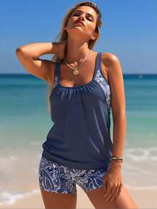 Women's Tankini Swimsuit Set, Two-Piece Tummy Control Design With Blouson Top And Matching Shorts - 22 - View 4