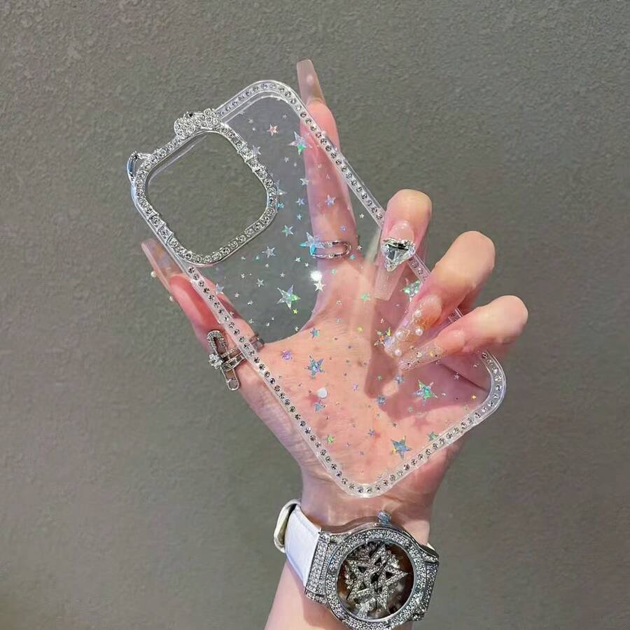 透明星光闪钻手机壳，可爱猫耳摄像头边框防震保护TPU材质，适用于 - 無色 - 查看 1