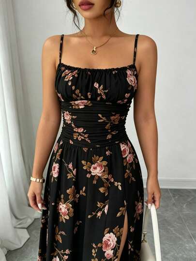 Floral Print Backless Ruffle High Slit Dress, Bohemian Style For Wedding, Evening, Date, Vacation Black Party Summer Elegant