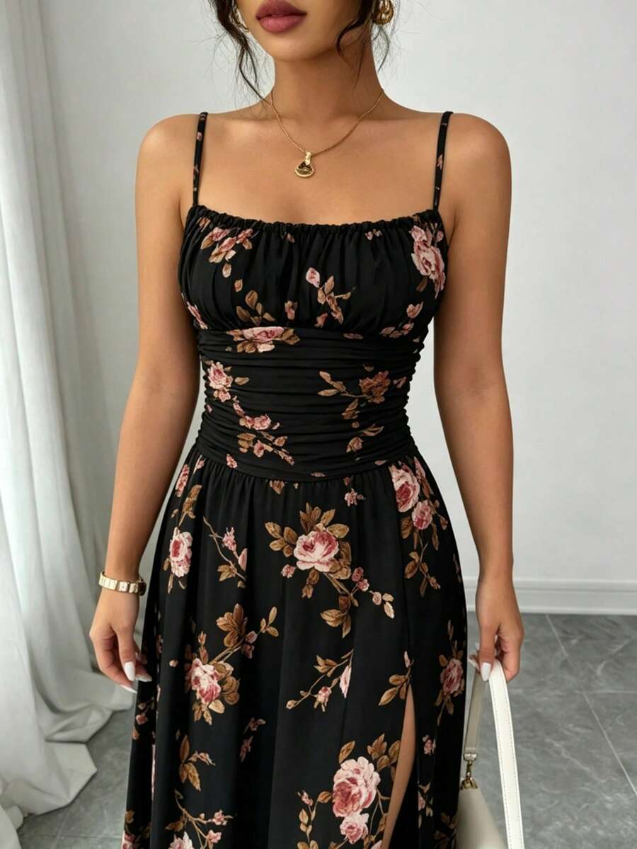 Floral Print Backless Ruffle High Slit Dress, Bohemian Style For Wedding, Evening, Date, Vacation Black Party Summer Elegant - Black - View 1