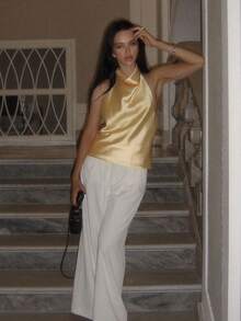 Sexy Women's Satin Camisole Backless Blouse, Elegant Fashion Evening Party Tank Top Casual Summer - Yellow - View 6