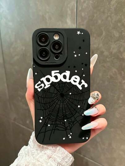 1pc Fashionable White Letter Star Spider Web Painted Pattern, Black Matte TPU Material Protective Phone Case, Suitable As Gift For Boyfriend/Girlfriend, Compatible With IPhone 11/12/13/14/14Plus/15/15Plus/16/16Plus/7/8Plus/17/17Pro, Galaxy S22/23/24/25/A05/A05S/A53/A54/A55, And Other Android Models
