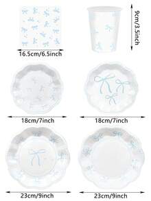 10pcs/20pcs/70pcs/120pcs Light Blue & White Bow Theme Birthday Party Decorations Paper Plates Paper Napkins Paper Cups Tableware Set, Bow Theme Supplies For Bachelor/Bachelorette Wedding Bridal Shower Decor, Suitable For Men And Women - Blue and White - View 2