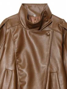 Autumn Winter Women Loose Faux Leather Jacket, Fashion Street Motorcycle Jacket With Zipper Pockets - Camel - View 6