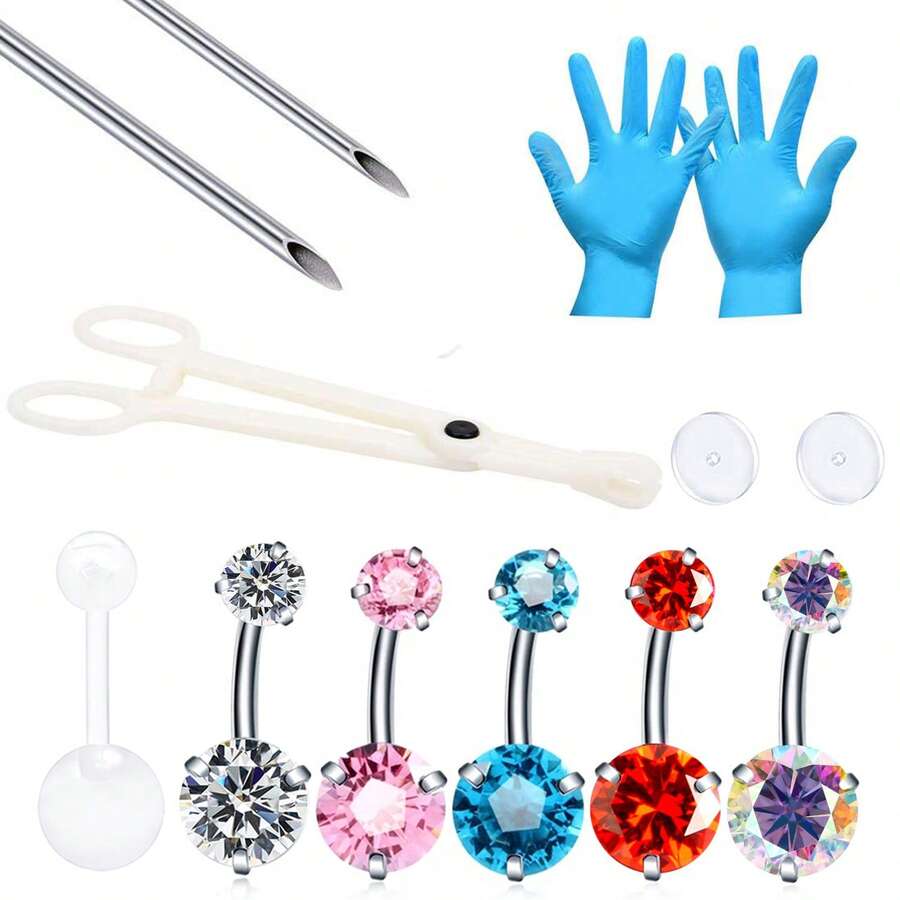 Kit de perforación de anillo de ombligo, kit de perforación de ombligo de acero inoxidable 14G, agujas de perforación desechables, set de pinzas de perforación para perforación del ombligo - kit de piercing para el ombligo - Ver 1