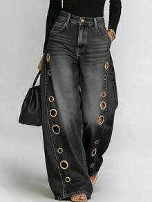 Nuevos jeans de mezclilla con diseño de ojales de metal para mujeres, estilo casual y suelto de cintura alta y pierna ancha, al estilo europeo y americano - Negro (en producción) - Ver 6