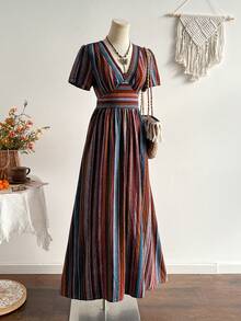 Rusttydustty Đầm ngắn tay kẻ sọc phong cách retro boho, thắt eo dành cho nữ, đầm tháng Sáu, đầm dự tiệc, đầm tốt nghiệp, đầm thanh lịch dành cho nữ, trang phục công sở dành cho nữ, đầm kẻ caro dành cho nữ, đầm màu nâu. - màu nâu - Xem 5