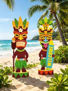 4pcs/2pcs Hawaiian Style Tiki Torch Garden Decor Stake, Primitive Upright Stake - Durable Outdoor Decor, Beach Party Decoration - Polynesian Surfboard Style - Upright Welcome Sign - Featuring Hawaiian Dancer And Palm Tree Pattern, Hawaiian Party Decor, Summer Beach Party, Tropical Theme Events And Landscaping - Hawaii - View 5