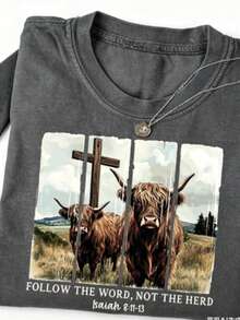 Summer Clothes Women, Washed Cotton Women's T-Shirt, Fun Christian Retro T-Shirt. Follow The Word Of God Instead Of Following The Crowd. Western Retro - 灰色 - 查看 4