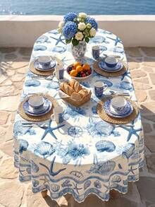 1pc-Vintage Nautical Shell Tablecloth, Waterproof Stain Resistant Polyester Table Cover With Starfish Print, Lace Trim, Ideal For Summer Party, Pool Party, Beach Gathering, Patio Dining And Indoor Outdoor Home Decor - Multicolor - View 18