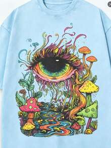 Summer Tops Men's  Eye And Mushroom Forest Pattern T-Shirt - Oversized Vintage Washed 100% Cotton T-Shirt, Vibrant 60s/70s Retro Print, Ultra-Soft And Breathable Fabric, Hip-Hop Street Style, Suitable For Festival Rave Outfits And Everyday Casual Wear - Magic Forest Loose And Comfortable Summer Clothes Spring Outfits For Women - Màu xanh nhạt - Xem 2