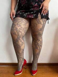 1pc Plus Size Women's French Jacquard Floral Fishnet Stockings, Hollow-Out Slimming Tight Pants, Sexy & Fashionable High-End Gray Pantyhose, Versatile Basic, Suitable For Party, Christmas, Halloween - Grey - View 2