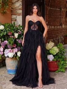 Faeriesty Women's Elegant Strapless Maxi Formal Dresses With Lace Detail, Layered Intricate Tulle Skirt – Ideal For Weddings, Parties, Celebrations - Black - View 2