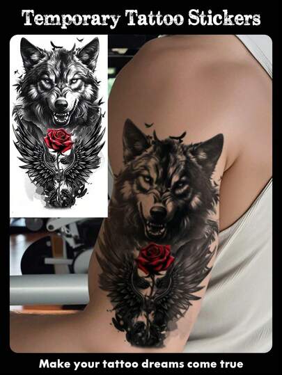 1 hoja de tatuaje temporal grande e impermeable, arte corporal falso, adecuado para hombres, con diseño realista de lobo, alas y rosa roja, dura de 2 a 5 días, puede cubrir cicatrices, se puede aplicar en brazos, hombros, cintura y espalda, decoración corporal, adecuado para festivales, fiestas y regalos.