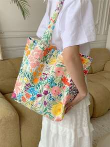Large Capacity Floral Canvas Tote Bag, Rose Pattern Beach Bag Shopping Shoulder Bag, Summer - Multicolor - View 2